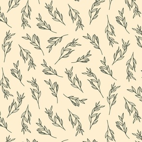 Vintage Hand Drawn Half Drop Botanical Leaves in Cream and Olive Green