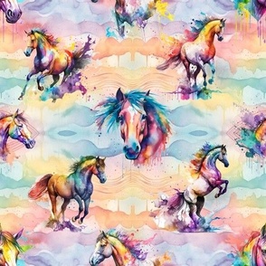 Rainbow Horses Over Faded Rainbow Watercolor