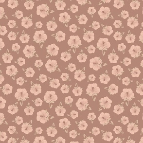 Vintage Hand Drawn Hibiscus Floral Coordinate Fabric in Blush Pink and Rose