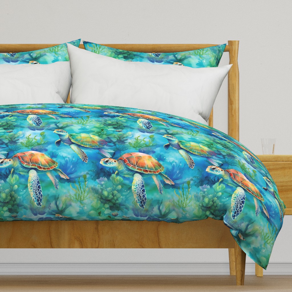 Watercolor Sea Turtle Turtles in the Soft Blue Ocean Coral Reef