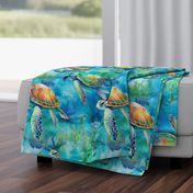 Watercolor Sea Turtle Turtles in the Soft Blue Ocean Coral Reef