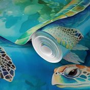 Watercolor Sea Turtle Turtles in the Soft Blue Ocean Coral Reef