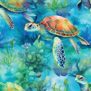Watercolor Sea Turtle Turtles in the Soft Blue Ocean Coral Reef