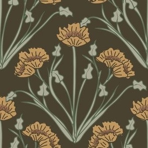 Vintage Symmetrical Diamond Poppies in Mustard Yellow, Sage and Olive Green