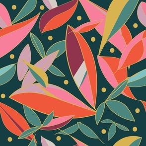 Bold And Bright Tropical Abstract Leaf Scatter -Non-Directional for Wallpaper And Home Decor.