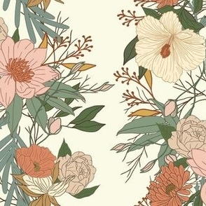 Vintage Inspired Floral Botanical Chinoiserie in Sage Green, Blush Pink, Cream, Orange