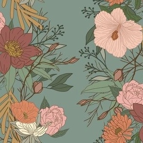 Vintage Inspired Floral Botanical Chinoiserie in Sage Green, Blush Pink, Soft Orange