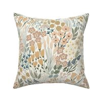 floral field scattered hand drawn flowers in vintage tones of blush pink soft blue navy sage green and mustard yellow