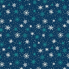 Small - Aqua and White Winter Snowflakes on Navy Blue in snow