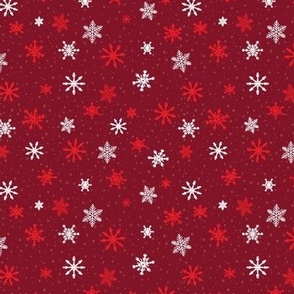 Small - Crimson Red and White Winter Snowflakes on Burgundy in snow