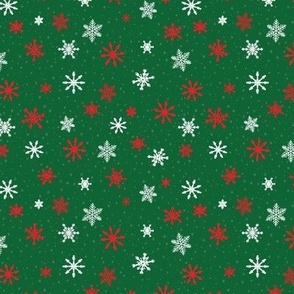 Small - Red and White Winter Snowflakes on Emerald Green in snow