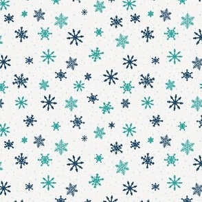 Small - Navy Blue and Aqua Winter Snowflakes on Ivory in snow