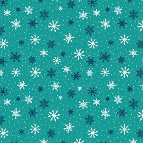 Small - White and Navy Winter Snowflakes in snow on Aqua background