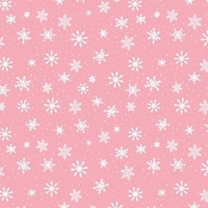 Small - White Winter Snowflakes in snow on Pastel Pink background 