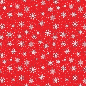 Small - White Winter Snowflakes in snow on Crimson Red