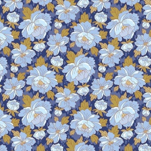 Peonies in Japanese style on a rustic background. Dark blue. Small