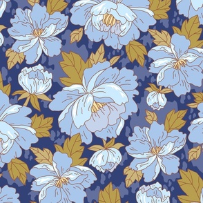 Peonies in Japanese style on a rustic background. Dark blue. Large