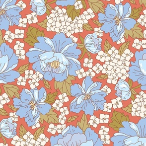 Peonies and hydrangea in Japanese style. Terracotta blue. Large