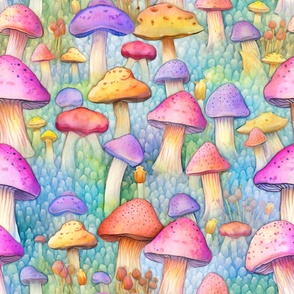Cute rainbow mushrooms watercolor pattern