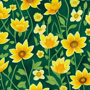 Buttercups on dark green