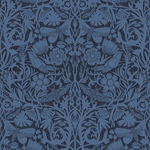 LARGE Hidden Garden Art Deco Birds and Blooms wallpaper - midnight blue 12in