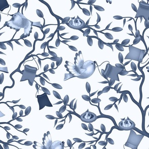 Birds celebrate with flags in tree branches_Blue