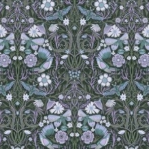 MINI Hidden Garden Art Deco Birds and Blooms Wallpaper - sage and purple 6in