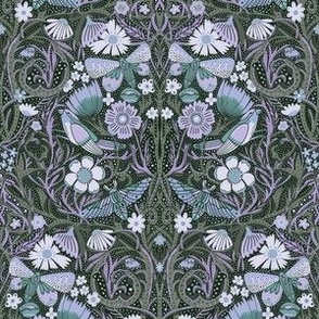 SMALL Hidden Garden Art Deco Birds and Blooms Wallpaper - sage and purple 8in