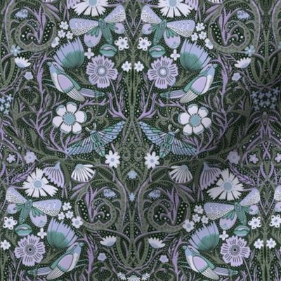 MEDIUM Hidden Garden Art Deco Birds and Blooms Wallpaper - sage and purple 10in