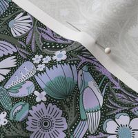 LARGE Hidden Garden Art Deco Birds and Blooms Wallpaper - sage and purple 12in