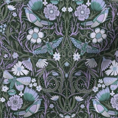 LARGE Hidden Garden Art Deco Birds and Blooms Wallpaper - sage and purple 12in