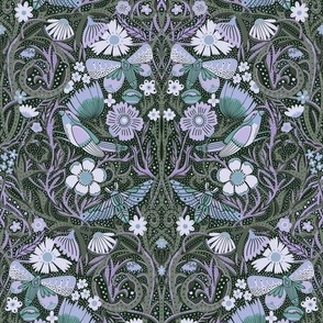 LARGE Hidden Garden Art Deco Birds and Blooms Wallpaper - sage and purple 12in