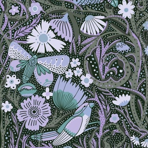 JUMBO Hidden Garden Art Deco Birds and Blooms Wallpaper - sage and purple