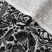 MEDIUM Hidden Garden Art Deco Birds and Blooms Wallpaper Black and White 10in