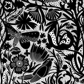 JUMBO Hidden Garden Art Deco Birds and Blooms Wallpaper Black and White