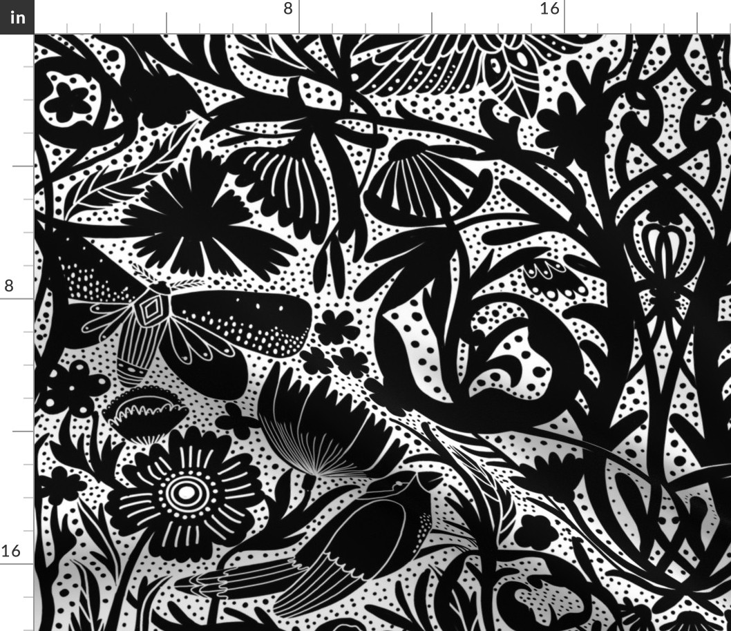 JUMBO Hidden Garden Art Deco Birds and Blooms Wallpaper Black and White