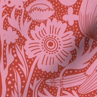 JUMBO Hidden Garden Art Deco Birds and Blooms Wallpaper Clay and Pink