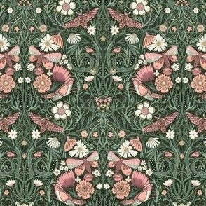 MINI Hidden Garden Art Deco Birds and Blooms Wallpaper Green and Pink 6in