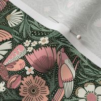 LARGE Hidden Garden Art Deco Birds and Blooms Wallpaper Green and Pink 12in