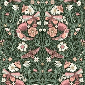 LARGE Hidden Garden Art Deco Birds and Blooms Wallpaper Green and Pink 12in