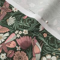 MEDIUM Hidden Garden Art Deco Birds and Blooms Wallpaper Green and Pink 10in