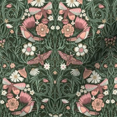 MEDIUM Hidden Garden Art Deco Birds and Blooms Wallpaper Green and Pink 10in