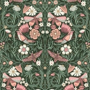 MEDIUM Hidden Garden Art Deco Birds and Blooms Wallpaper Green and Pink 10in