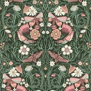 SMALL Hidden Garden Art Deco Birds and Blooms Wallpaper Green and Pink 8in