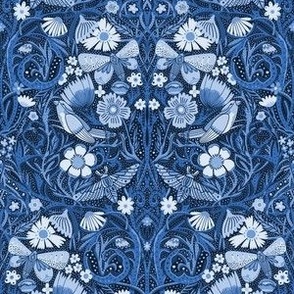SMALL Hidden Garden Birds and Blooms Wallpaper Blue 8in