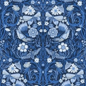 MEDIUM Hidden Garden Birds and Blooms Wallpaper Blue 10in