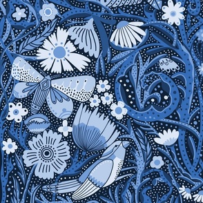 JUMBO Hidden Garden Birds and Blooms Wallpaper Blue
