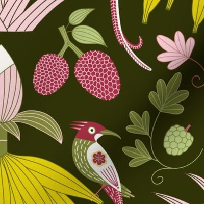 (L) Tropical fruit paradise damask olive green