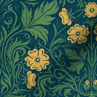 Art Nouveau Buttercups Blockprint | Arts & Crafts 1900s Historical Inspired Floral Botanical Flowers Damask - Large Scale