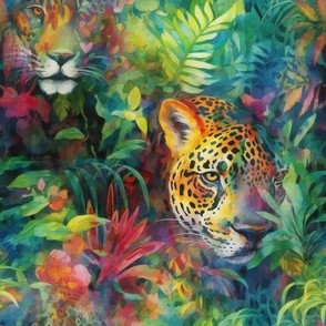 Watercolor Wild Cats, Jaguars, Leopards in a Green Tropical Jungle